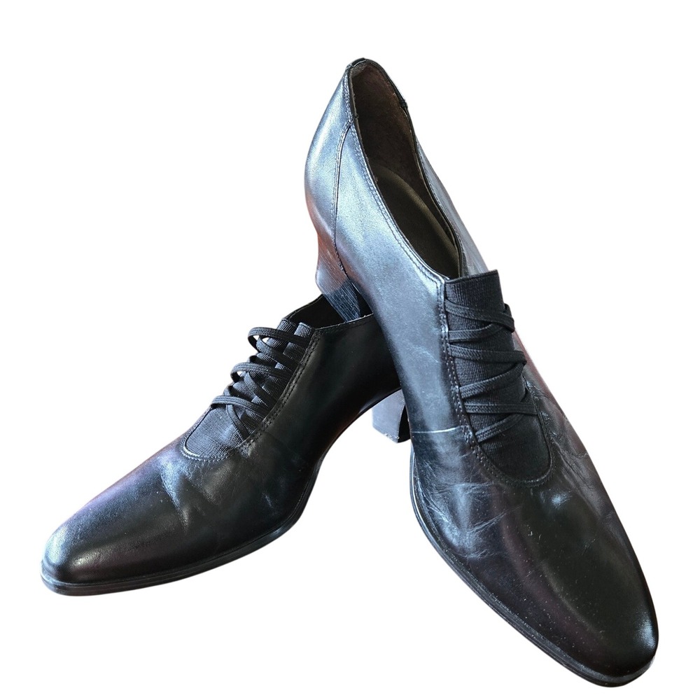 Apostrophe Chic Black Leather Oxford Block Heels Elastic Lace Slip On Pumps 10M